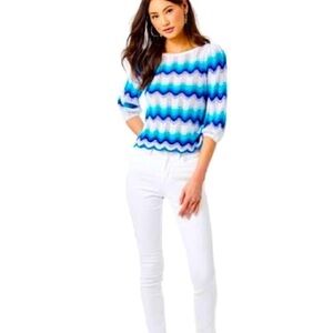 Lilly Pulitzer NWOT Navana Bermuda Blue Crochet Cotton Sweater Size XS
